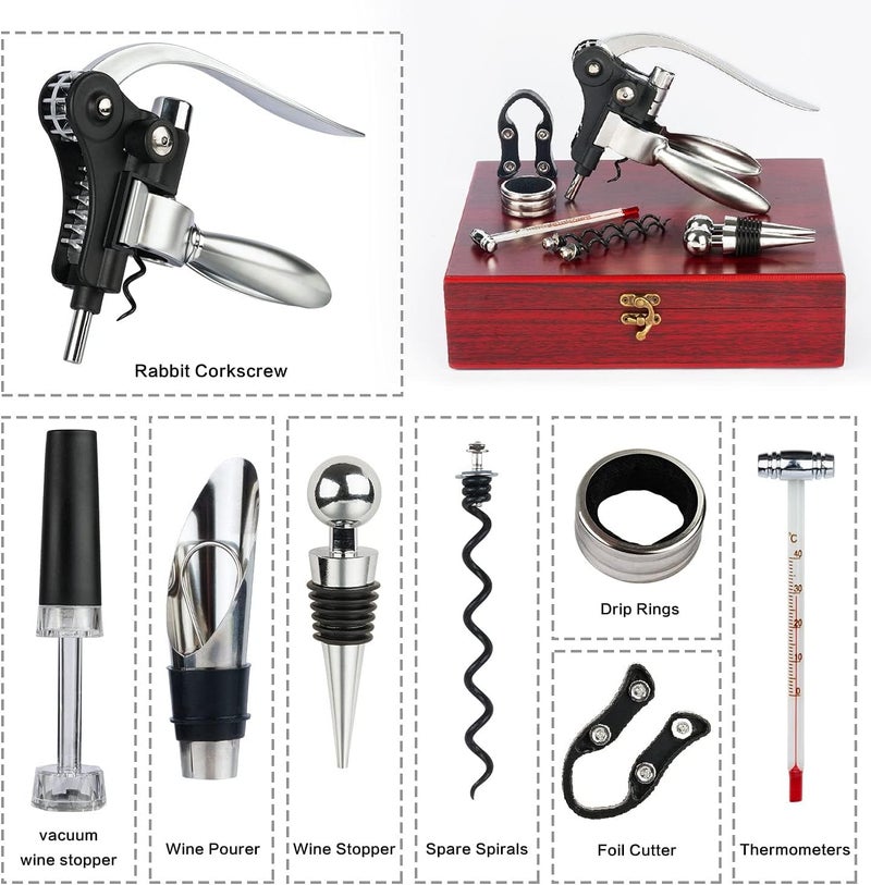KENSOSO 9-Pieces Corkscrew Wine Opener Set, Stainless Steel Cork Screw Rabbit Wine Bottle Opener Kit Including Foil Cutter, Pourer, Vacuum Wine Stopper Corkscrews etc, Ideal Wine Sets Gifts for Women & Men - Image 2